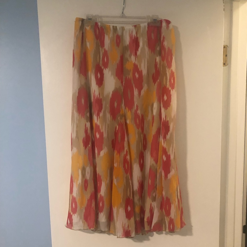 Ruby red midi/maxi skirt.  Beautiful colors, pinks, gold taupes.  Size 12.